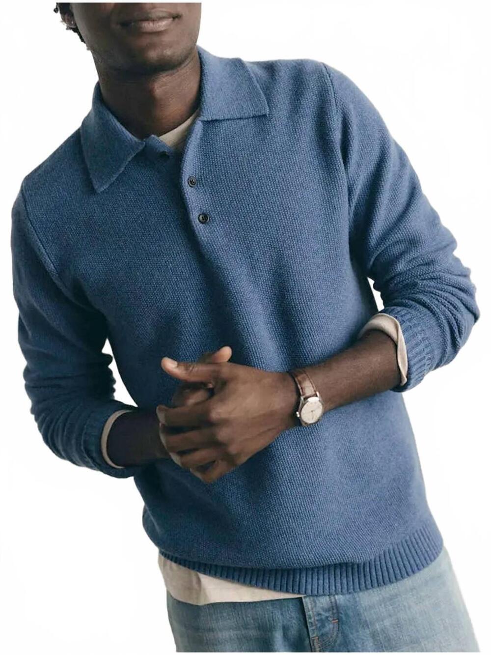 NEW TAYLOR STITCH newton sweater polo shirt in clear heather blue